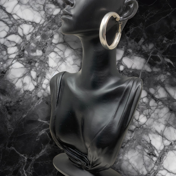 Vintage Y2K Ribbed Chunky Hoop Earrings Silver Tone Pierced Hip Hop Statement - Picture 4 of 6